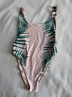 AERIE Super Scoop One Piece Swimsuit Tropical Palm Print Pink/Green | L